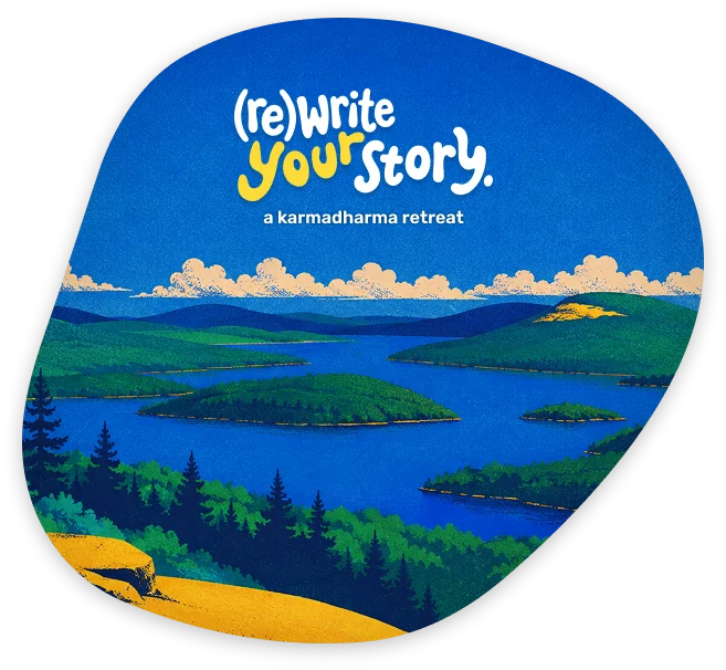 (re)write your story: a karmadharma retreat. An illustrated lake and forest landscape.