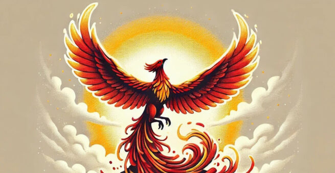 A powerful-looking phoenix emerging and flying upwards with the sun in the background